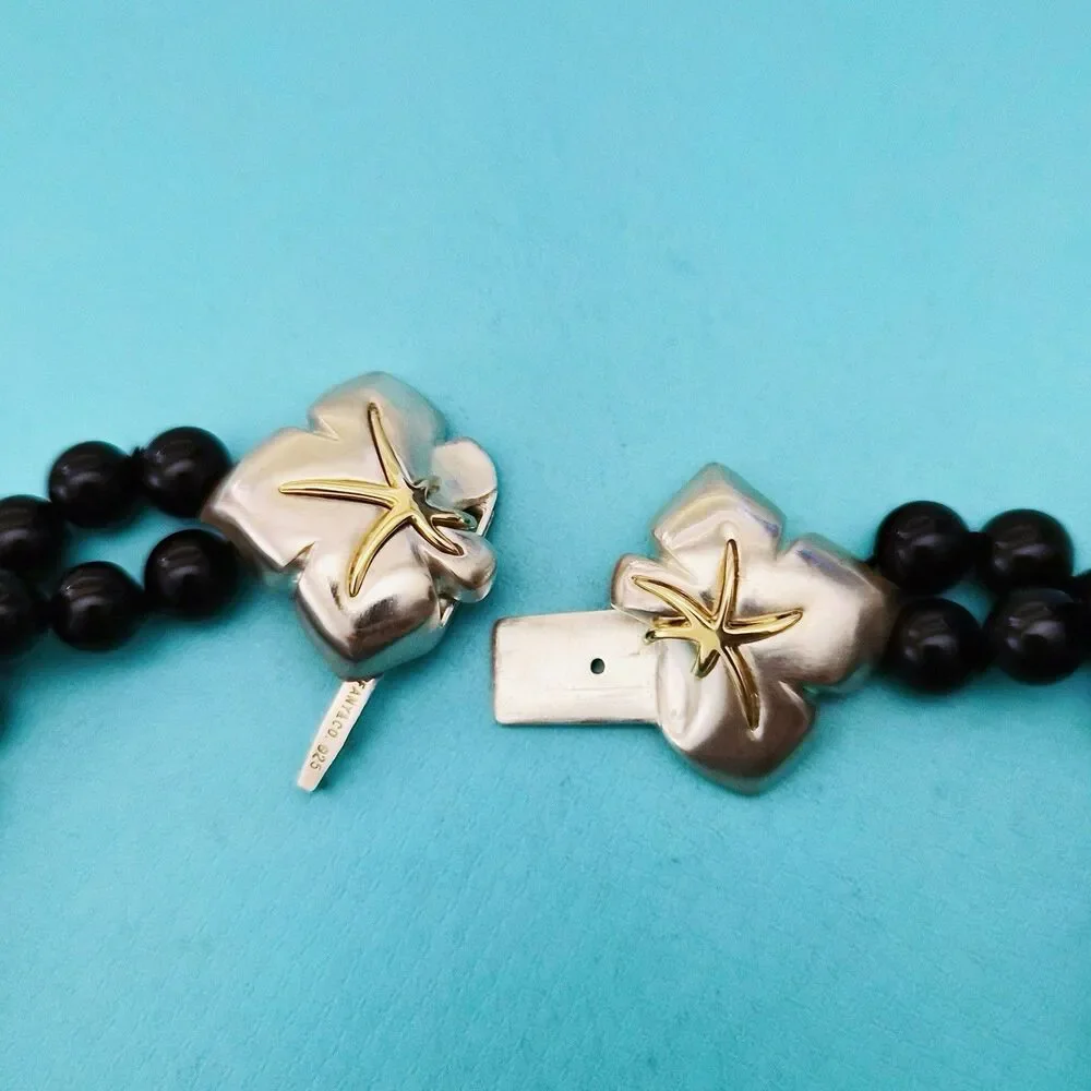 RARE Vintage Tiffany & Co. Black Onyx Bead Starfish 18K Gold Silver Necklace